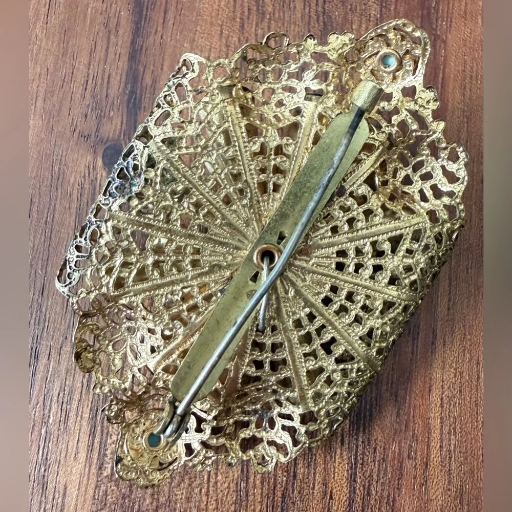 Vintage Gold Tone Filigree Brooch with Blue and Turquoise Plastic Accents